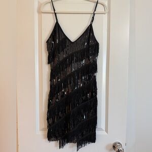 Black Sequin Fringe Party Dress – Spaghetti Strap Cocktail Dress